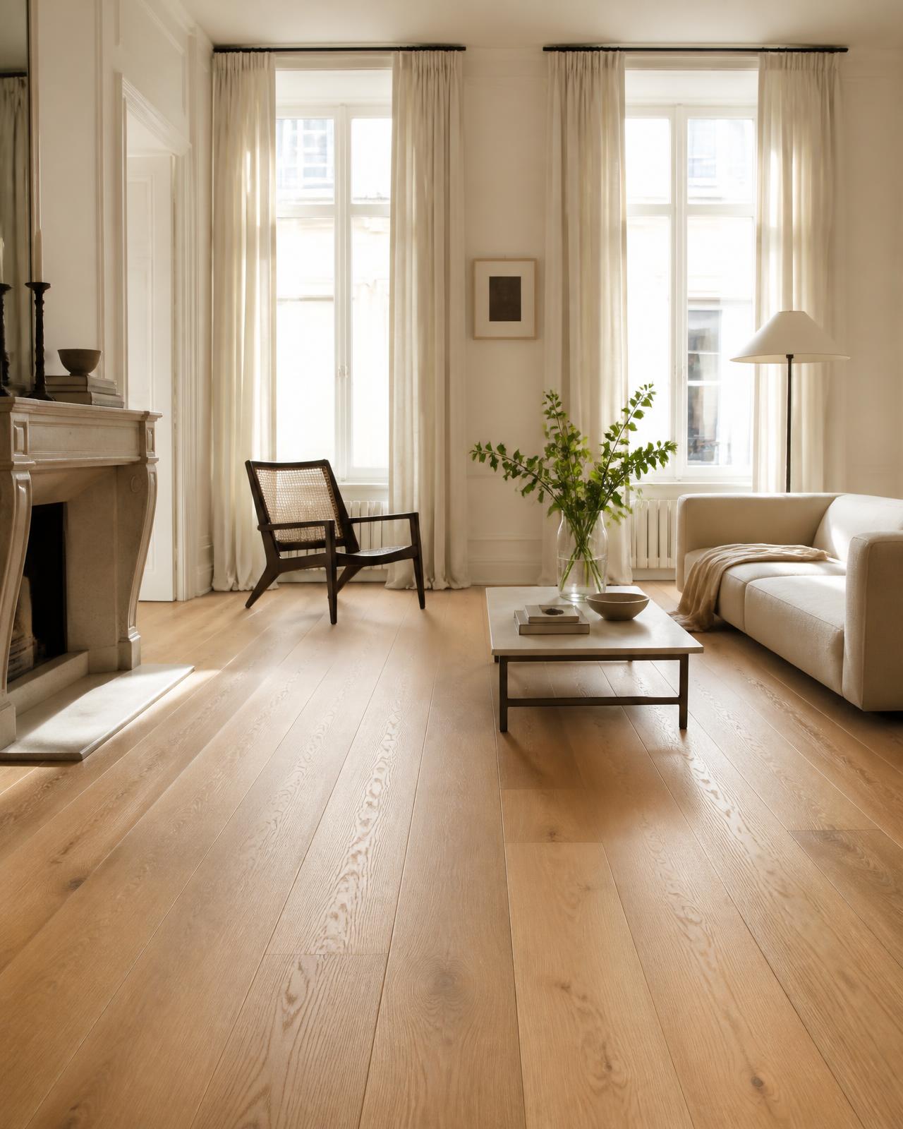 Woonkamer met brede eiken planken vloer in warme honingtint